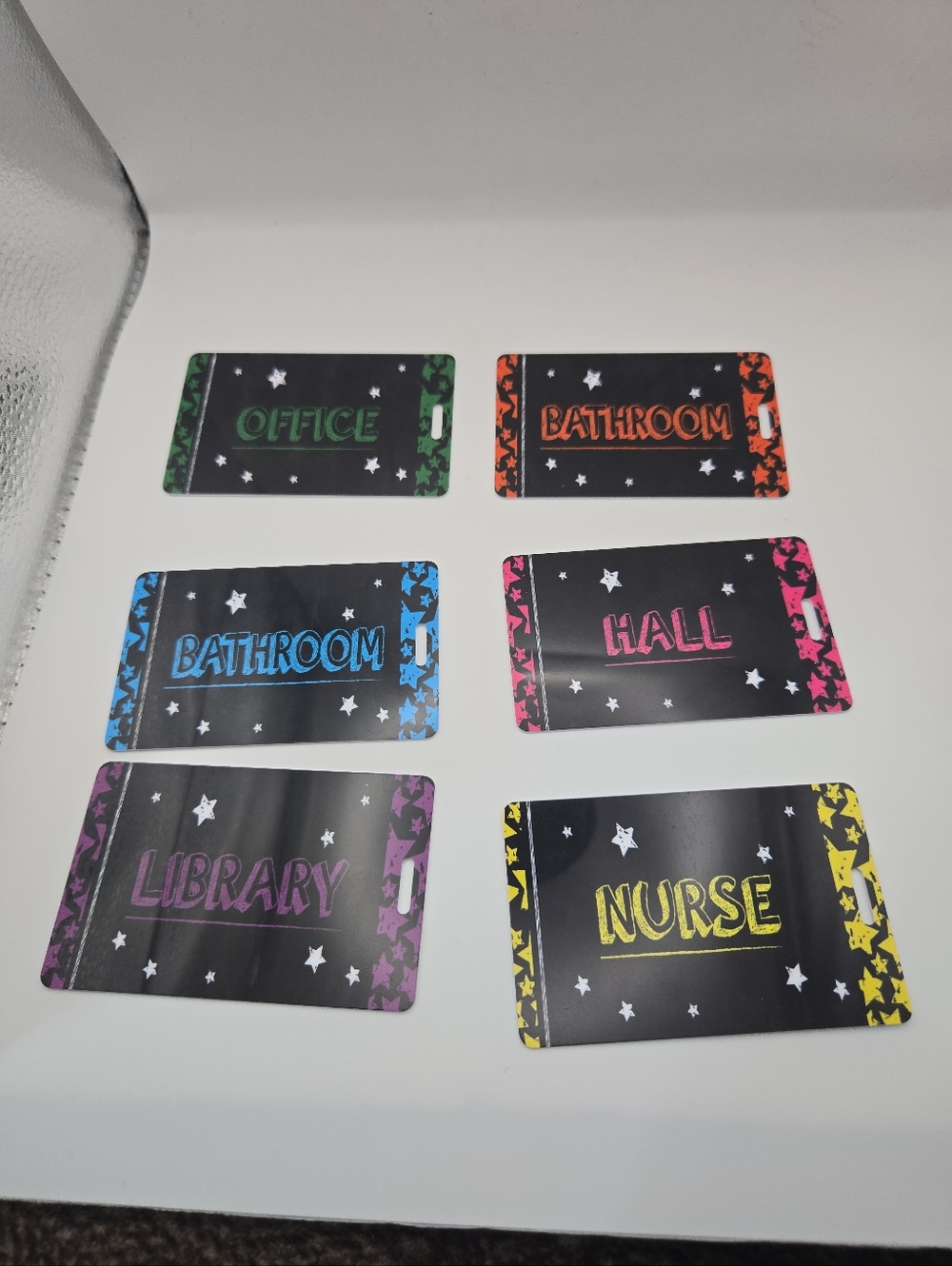 Teacher Hall Pass Set w/ Clips Office Bathroom Library Nurse Hall ID Badge Cards